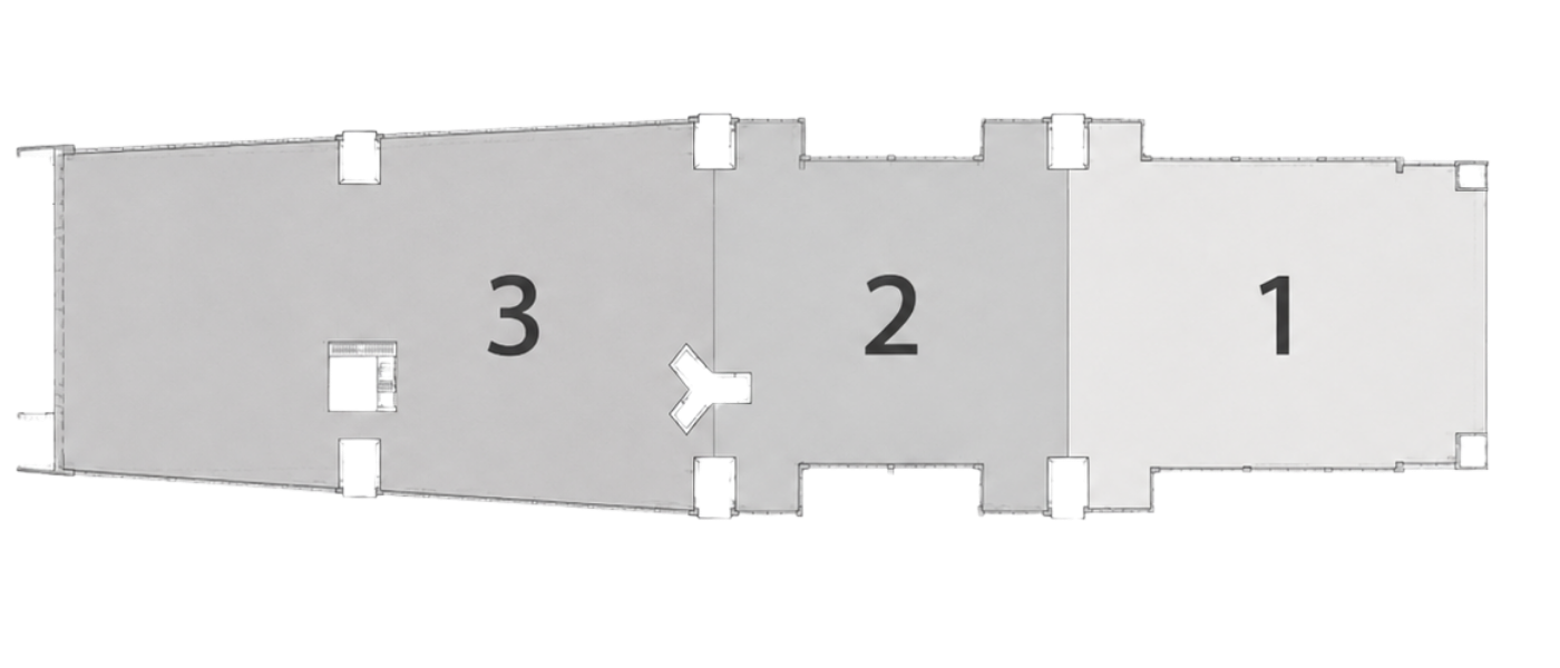 Flächenübersicht im Atrium West: Die Flächen 1–3 sind modular je nach Event-Format und Personenanzahl buchbar.